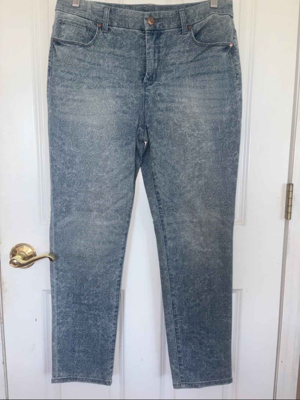 Chico's Faded Blue Floral-Pattern Straight Leg Jeans